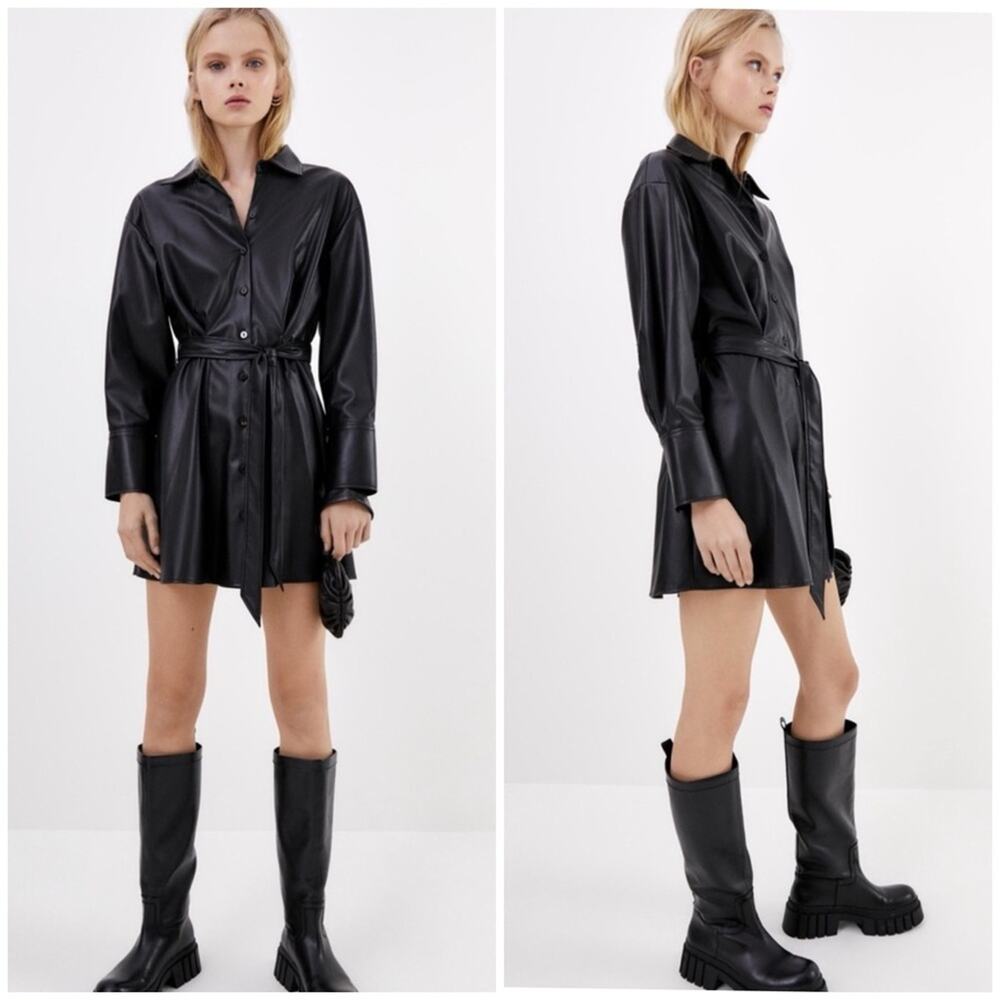 NWT Zara Black Faux Leather Shirt Dress - Picture 2 of 11